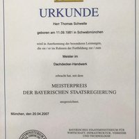 Urkunde Meisterpreis der Bayerischen Staatsregierung für Thomas Schwelle